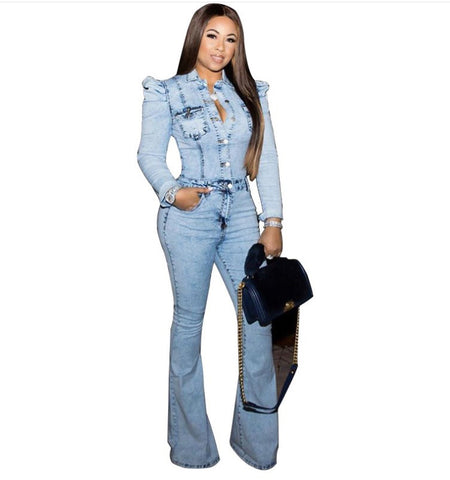 Elegant Plus Size Long Sleeve Denim Jeans Jumpsuit