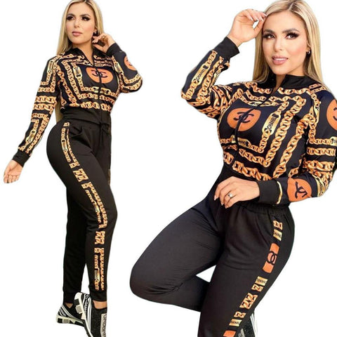 Black & Gold Two Piece Pants Set Suit with Letters