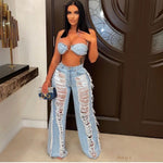 Two Piece Denim Tied Halter Neck Crop Top Pants Set